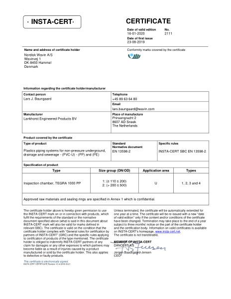Godkendelse - No. 2111 - Inspektionsbrønd - TEGRA 1000  PP