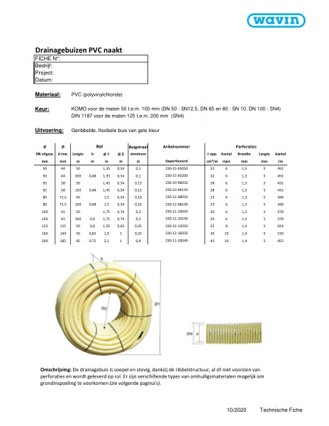 Technische fiche Drainagebuizen PVC naakt