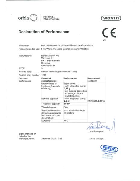 Declaration of Performance (DoP) - EN 12566-1 :2016 - 5 PE Wavin PE septic tank for pressure infiltration