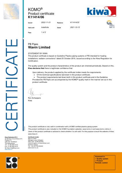 Certificaat KOMO K11414/06 PB Pipes - Buizen Radiatoraansluitingen