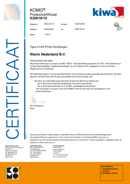 Certificaat KOMO K20018/10 Tigris K1/K5 PPSU Fittingen Ø14 - 63mm