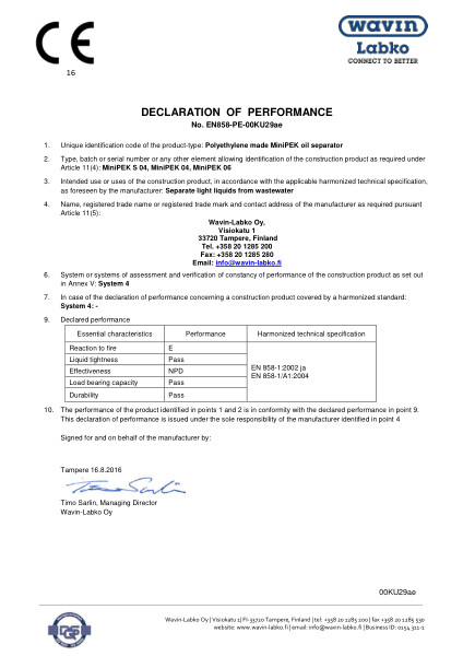 Prestandadeklaration - MiniPEK oil separator, PE - DoP in accordance with EN858-PE-00KU29ae