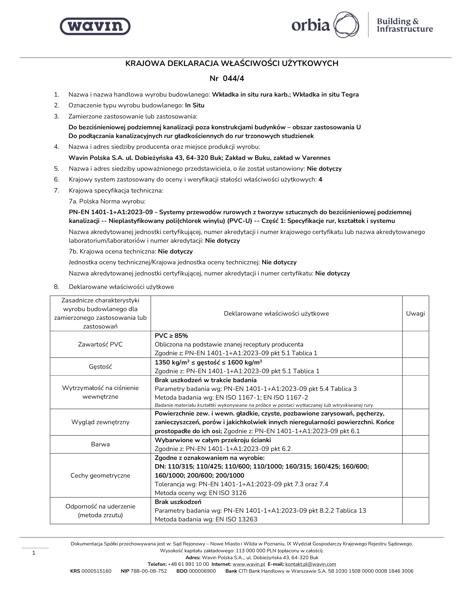 KDWU 044/4 Wkładki in situ do studzienek 315, 425, 600, 1000