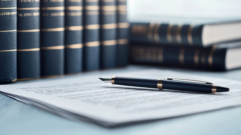 Close-up of documents and a pen resting on a table, with law books in the background, soft focus.