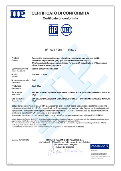 Certificato di conformità Wavin Press-Ring raccordi a compressione per tubi in PE