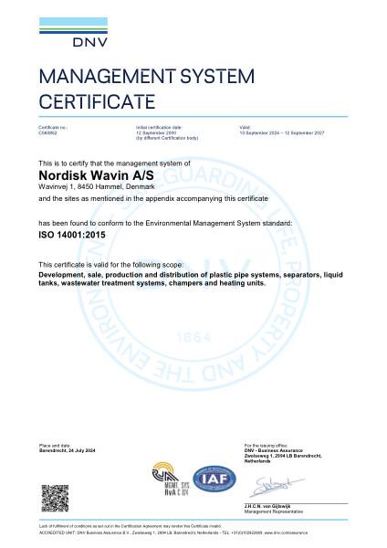 Systemcertifikat ISO 14001 Miljø - Nordisk Wavin A/S