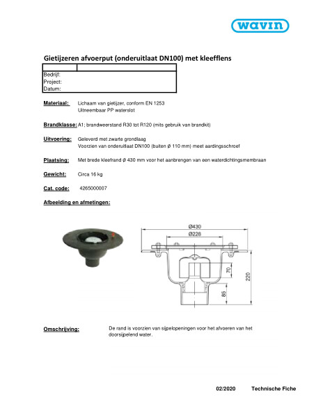 Technische fiche Gietijzeren afvoerput (onderuitlaat DN100) met kleefflens