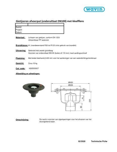 Technische fiche Gietijzeren afvoerput (onderuitlaat DN100) met kleefflens