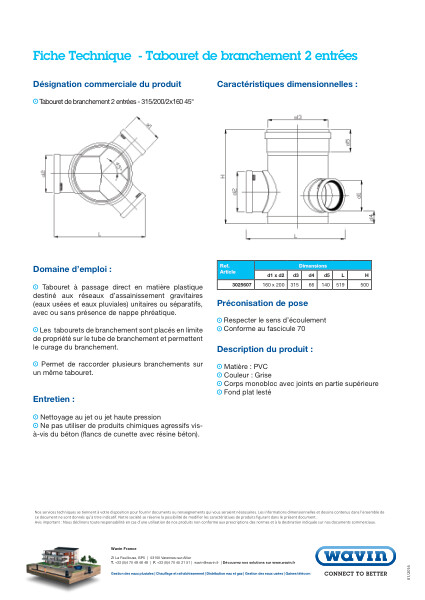 Fiche technique - Tabouret de branchement 2 entrées 