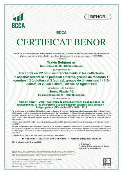 Certificat BENOR PP EN 1852 Raccords D1 and D2 SN8 Niederhasli - Valable du 10.02.2023 au 09.02.2026