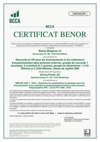 Certificat BENOR PP EN 1852 Raccords D1 and D2 SN8 Niederhasli - Valable du 10.02.2023 au 09.02.2026