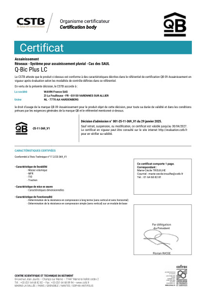 CERTIFICAT CSTB Wavin Q-Bic Plus LC