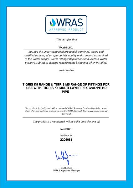 Wavin Tigris K5M5 WRAS certificate