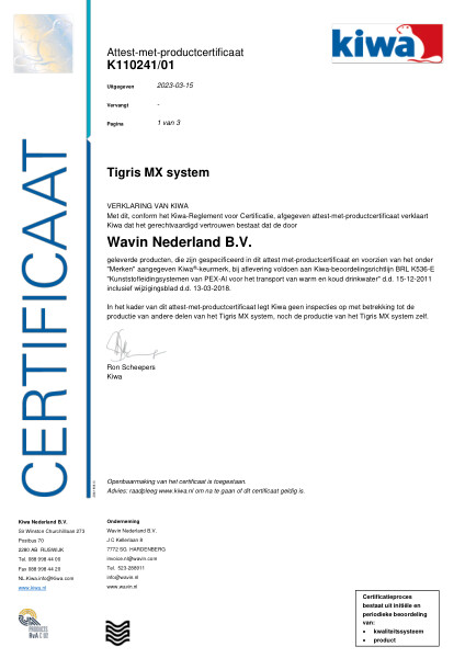 Certificaat Kiwa K110241/01 BRL K536E - Tigris MX system 15 - 32mm