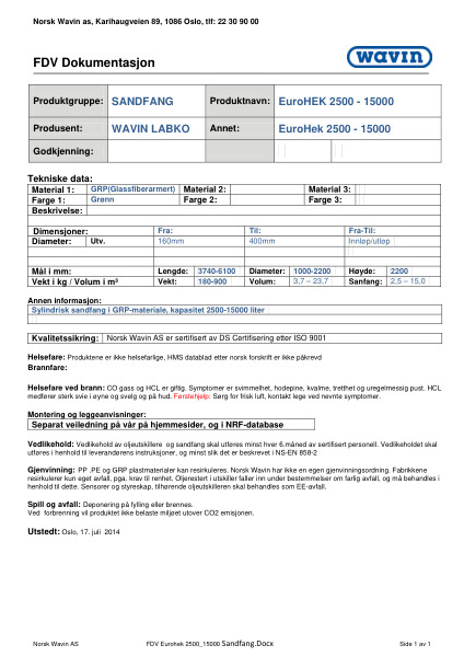 FDV Wavin Sandfang EuroPEK 2500 - 15000 GRP