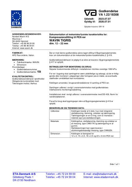 Godkendelse - No. VA 1.22/18308 - Wavin Kompressionsfittings til PEX-rør