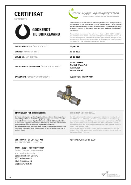 Godkendelse - No. 03/00195 - Godkendt til drkkevand - Wavin Tigris M5 CW724N