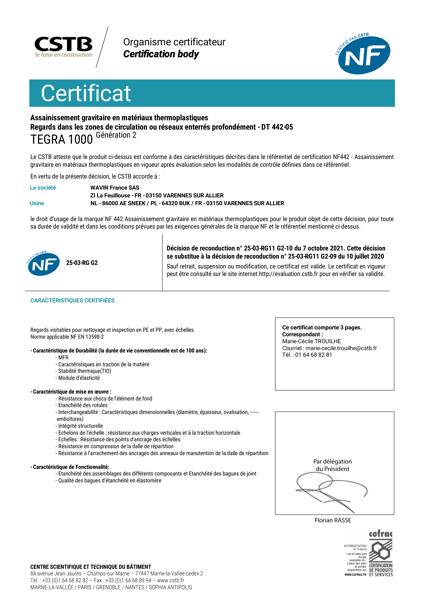 Certificat NF 442 - Tegra 1000 G2 2021 - Sneek - Var - Buk