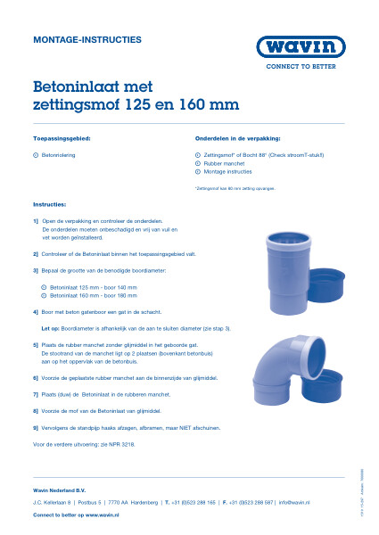 Montage-instructie Betoninlaat met zettingsmof 125 en 160 mm