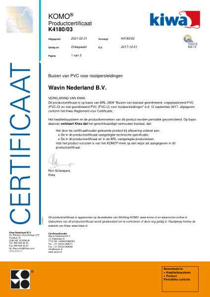 Certificaat KOMO K4180/03 Buizen van PVC voor rioolpersleidingen