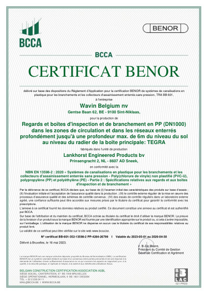 Certificat BENOR PP EN 13598-2 Regards et boîtes d'inspection et de branchement en PP Tegra 1000 Sneek - Valable au 30-04-2026