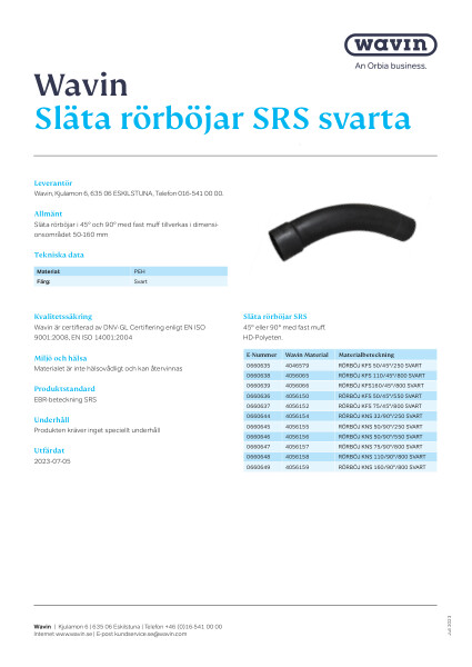 Wavin släta rörböjar SRS svarta