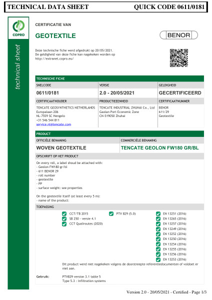 Certificaat BENOR Geotextile Versie 2.0 - 20/05/2021