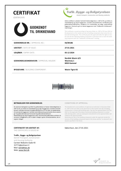 Godkendelse - No. 03/00186 - Godkendt til drikkevand - Wavin Tigris K5