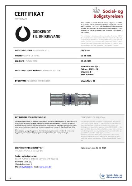 Godkendelse - No. 03/00186 - Godkendt til drikkevand - Wavin Tigris K5