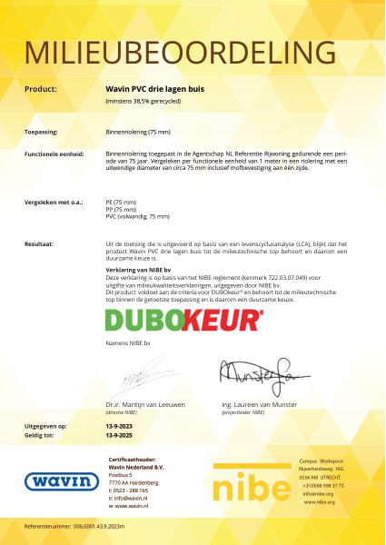 Milieubeoordeling DUBOkeur Wavin PVC drie lagen buis binnenriolering Ø75mm
