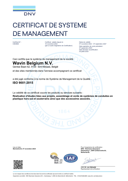 ISO 9001 certificat Système de Management de la Qualité DNV - Valable au 07.09.2027