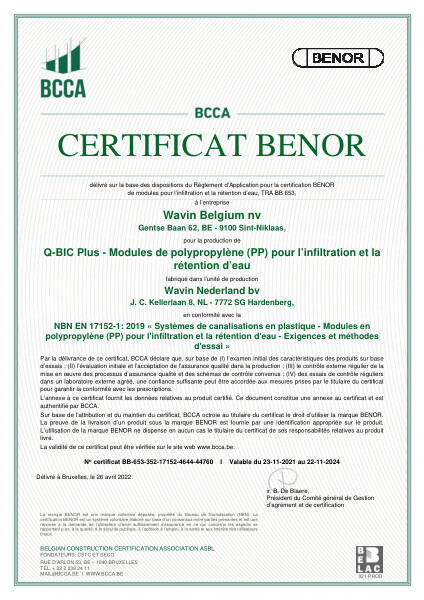 Certificat BENOR PP NBN EN 17152-1 Q-Bic Plus - Modules de polypropylène (PP) pour l'infiltration et la rétention d'eau (Hardenberg) - Valable au 22.11.2024