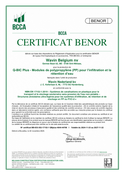 Certificat BENOR PP NBN EN 17152-1 Q-Bic Plus - Modules de polypropylène (PP) pour l'infiltration et la rétention d'eau (Hardenberg) - Valable au 22.11.2027