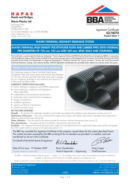 Agrément (HAPAS) - Pipes (150-300), ring seals and couplings