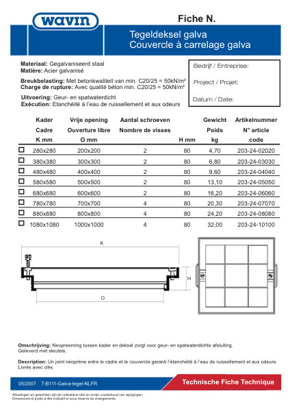 Technische fiche Galva tegeldeksel / Fiche technique couvercle à carrelage