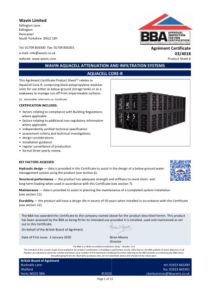 BBA certificate for AquaCell Core-R