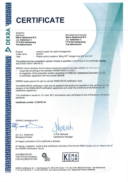 Certificaat KEMA-KEUR 2136167.04 Halogeenvrije elektrosokken 5/8"en 3/4" (flexbuis)