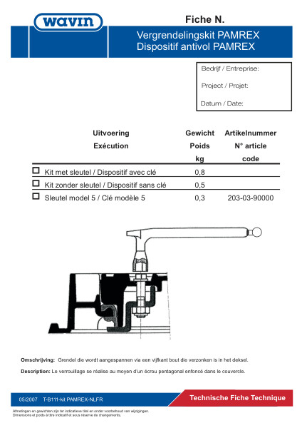 Technische fiche PAMREX vergrendelingskit / Fiche technique dispositif antivol