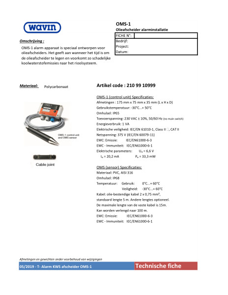 Technische fiche OMS-1 Olieafscheider alarminstallatie