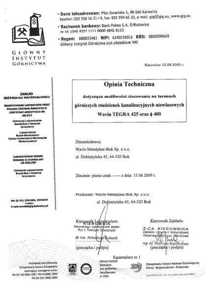 Opinia GIG Studzienki kanalizacyjne Tegra425 i Basic 400