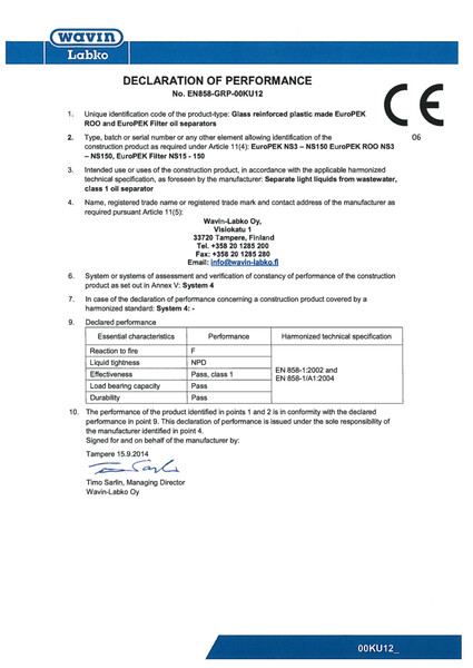 Declaration of Performance (DoP) - No. EN858-GRP-00KU12 - EuroPEK ROO and EuroPEK Filter