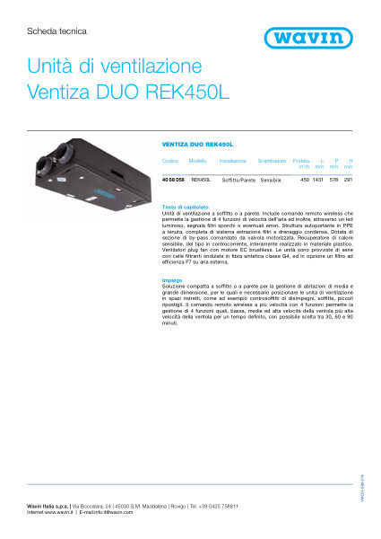 Scheda Tecnica unità di ventilazione Ventiza DUO REK450L