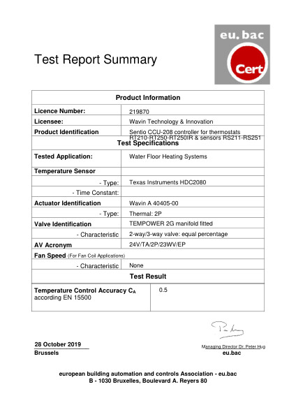 Certificaat Testrapport EU BAC Sentio Regelsysteem Vloerverwarming