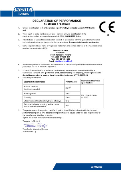 Declaration of Performance (DoP) - No. EN12566-1-PE-00KU23 - Sako 2000 Vision