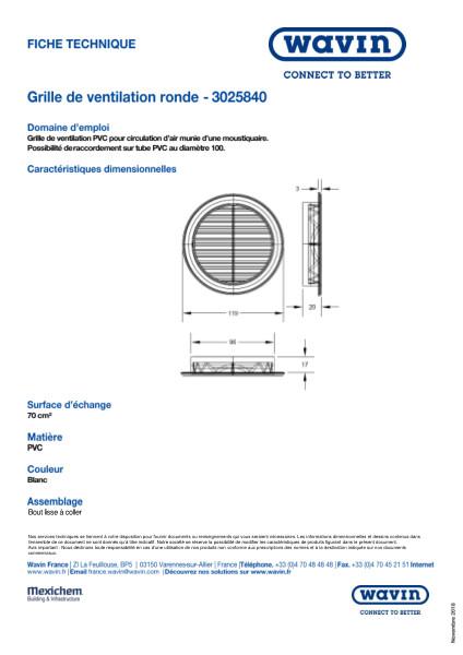 Fiche technique - Grille de ventilation ronde 3025840