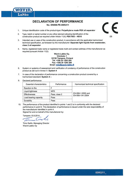 Declaration of Performance (DoP) - No. EN858-PE-00KU11 - PEK class II