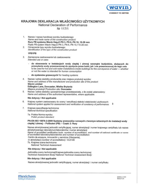 Krajowa Deklaracja Właściwości Użytkowych Nr 117/1 - Rury PB systemu Wavin Hep2O  09.01-08.05.2017r.