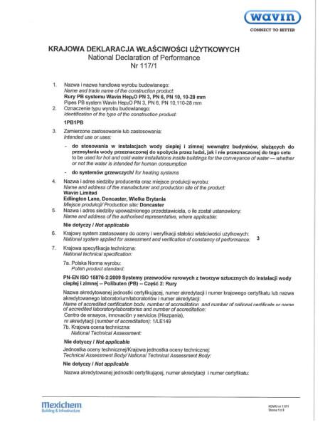 Krajowa Deklaracja Właściwości Użytkowych Nr 117/1 - Rury PB systemu Wavin Hep2O  09.01-08.05.2017r.