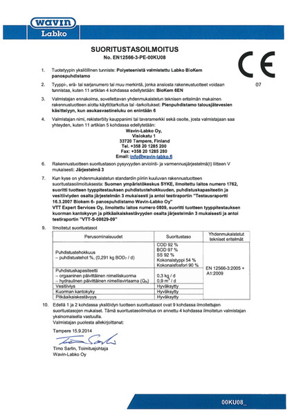 Suoritustasoilmoitus (DoP) - No. EN12566-3-PE-00KU08 - BioKem 6 EN