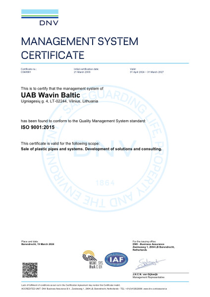 Sertifikatas - Wavin Baltic ISO 9001:2015 anglų k.